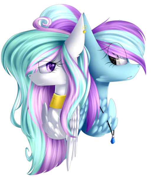 Size: 2263x2651 | Tagged: safe, artist:mediasmile666, derpibooru import, oc, unofficial characters only, pony, bust, chest fluff, choker, duo, ear piercing, earring, female, image, jewelry, mare, pendant, piercing, png, simple background, starry eyes, transparent background, wingding eyes