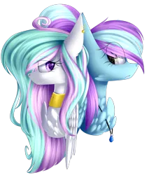 Size: 2263x2651 | Tagged: safe, artist:mediasmile666, derpibooru import, oc, unofficial characters only, pony, bust, chest fluff, choker, duo, ear piercing, earring, female, image, jewelry, mare, pendant, piercing, png, simple background, starry eyes, transparent background, wingding eyes
