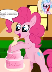 Size: 3200x4400 | Tagged: safe, artist:profyurko, derpibooru import, pinkie pie, silverstream, classical hippogriff, earth pony, hippogriff, pony, cake, cutie mark, female, food, image, jewelry, mare, necklace, png, quill