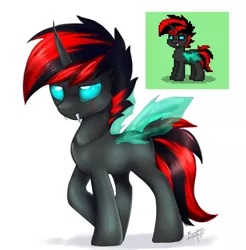Size: 2764x2809 | Tagged: safe, artist:megabait, derpibooru import, oc, unofficial characters only, changeling, pony, pony town, image, png, scarface, striped hair, wings