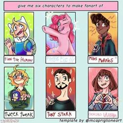 Size: 768x768 | Tagged: safe, derpibooru import, pinkie pie, earth pony, human, pony, six fanarts, adventure time, bust, clothes, crossover, dark skin, female, finn the human, image, jpeg, male, mare, marvel cinematic universe, miles morales, my hero academia, one eye closed, open mouth, spider-man: into the spider-verse, tony stark, underhoof, wink