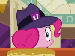 Size: 259x194 | Tagged: safe, derpibooru import, screencap, pinkie pie, earth pony, pony, the clone that got away, the saddle row review, animated, callback, clone, cropped, duality, female, food, gif, hat, image, implied mirror pool, looking at you, looking back, mare, pancakes, pinkie clone, syrup, wide eyes
