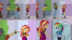 Size: 1280x720 | Tagged: safe, derpibooru import, edit, edited screencap, editor:quoterific, screencap, microchips, rainbow dash, sandalwood, sunset shimmer, a fine line, equestria girls, equestria girls series, clothes, cutie mark, cutie mark on clothes, eyes closed, female, geode of empathy, geode of super speed, glasses, hands on hip, hoodie, image, jacket, jpeg, leather, leather jacket, magical geodes, male, mobile phone, phone, shoes, smartphone, smiling, trust fall