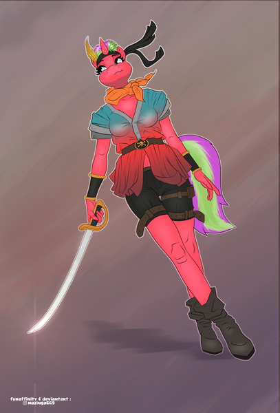 Size: 2372x3500 | Tagged: safe, artist:mazinga669, derpibooru import, oc, oc:starbrighté, unofficial characters only, anthro, unicorn, anthro oc, bandana, belt, boots, bracer, clothes, cutlass, image, pirate, png, shirt, shoes, shorts, skull and crossbones, smiling, smirk, sword, weapon