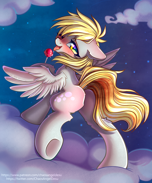 Size: 1000x1203 | Tagged: suggestive, artist:chaosangeldesu, derpibooru import, derpy hooves, pegasus, pony, adorasexy, bedroom eyes, blushing, bubble butt, butt, candy, cloud, cute, drool, female, food, image, lollipop, looking at you, looking back, looking back at you, mare, night, one eye closed, plot, png, raised hoof, raised leg, sexy, sky, solo, solo female, stupid sexy derpy, tongue out, underhoof, wink