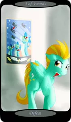 Size: 1500x2591 | Tagged: safe, artist:sixes&sevens, derpibooru import, lightning dust, pegasus, pony, cloud house, dartboard of hate, darts, female, five of swords, image, looking back, mare, minor arcana, mouth hold, png, solo, tarot card, wonderbolts poster