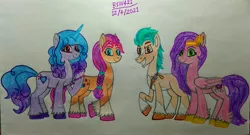 Size: 3805x2060 | Tagged: safe, artist:bsw421, derpibooru import, hitch trailblazer, izzy moonbow, pipp petals, sunny starscout, spoiler:g5, g5, image, jpeg, traditional art