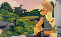 Size: 1150x700 | Tagged: safe, artist:zeroonesunray, derpibooru import, applejack, anthro, earth pony, assault rifle, gun, hat, helicopter, image, jpeg, m16, rifle, uh-1 iroquois, vietnam war, weapon