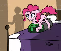 Size: 1833x1519 | Tagged: suggestive, artist:datzigga, derpibooru import, pinkie pie, oc, oc:anon, earth pony, human, pony, balloon, balloon fetish, bed, bedroom, caught, fetish, image, implied anon, jpeg, messy mane, story included, sweat, sweatdrops, that pony sure does love balloons