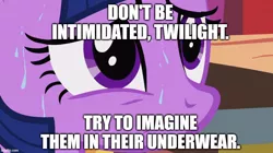 Size: 888x499 | Tagged: safe, derpibooru import, edit, edited screencap, screencap, twilight sparkle, it's about time, close-up, image, imgflip, jpeg, meme, spongebob squarepants, squilliam returns, sweat, text, we don't normally wear clothes