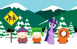 Size: 1354x858 | Tagged: safe, derpibooru import, twilight sparkle, alicorn, human, awkward, awkward moment, bus stop, clothes, comedy central, confused, crossover, expression, gloves, head tilt, height difference, image, kenny mccormick, kyle broflovski, looking at each other, looking at someone, looking at you, mountain, mountain range, png, road sign, snow, south park, stan marsh, tree, twilight sparkle (alicorn), winter