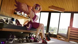 Size: 3840x2160 | Tagged: suggestive, artist:shadowboltsfm, derpibooru import, oc, oc:shimmering spectacle, alicorn, anthro, plantigrade anthro, 3d, 4k, bedroom, big breasts, blender, boots, breasts, clothes, dress, eyelashes, high heel boots, high heels, image, lens flare, lipstick, looking at you, magical lesbian spawn, magical threesome spawn, not sfm, offspring, png, sexy, shoes, sitting, smiling