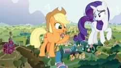 Size: 1280x720 | Tagged: safe, artist:agenthotman, derpibooru import, applejack, rarity, oc, oc:checkerboard, earth pony, pony, unicorn, background, female, giant pony, giantess, image, macro, png, ponyville