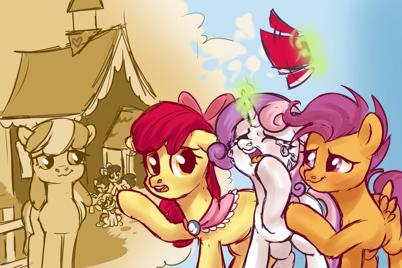 Size: 1500x1000 | Tagged: safe, artist:amidnighters, derpibooru import, apple bloom, cheerilee, scootaloo, sweetie belle, earth pony, pegasus, pony, unicorn, crying, cutie mark crusaders, image, jpeg, older