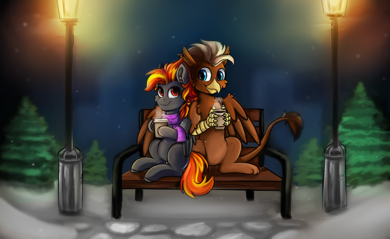 Size: 4096x2515 | Tagged: safe, artist:deraniel, deleted from derpibooru, derpibooru import, oc, oc:digidash, oc:grimvale, gryphon, pegasus, pony, bench, clothes, gay, griffon oc, image, male, males only, night, park, pegasus oc, png, romantic, scarf, sitting, wings, winter