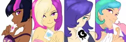 Size: 1200x400 | Tagged: safe, artist:nalanisumner17, derpibooru import, princess cadance, princess celestia, princess luna, twilight sparkle, human, alternate hairstyle, bedroom eyes, card, clothes, dark skin, dress, female, grin, humanized, image, jpeg, royal sisters, siblings, simple background, sisters, smiling, tanktop, white background