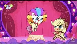 Size: 828x476 | Tagged: safe, deleted from derpibooru, derpibooru import, applejack, fluttershy, earth pony, pegasus, my little pony: pony life, spoiler:pony life, spoiler:pony life s02e19, clown nose, flutterclown, image, jpeg, lolly-pop