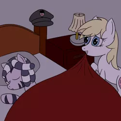 Size: 800x800 | Tagged: safe, alternate version, artist:everfreeemergencies, oc, oc:aryanne, oc:zala, unofficial characters only, earth pony, pony, zebra, afrika korps, bed, blanket, duo, eye clipping through hair, female, filly, hat, image, mare, mouth hold, nazi, nazipone, pillow, png, raised hoof, raised leg, sleeping