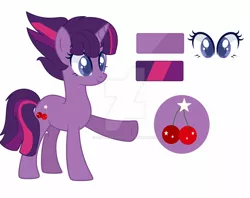 Size: 1280x1012 | Tagged: safe, artist:elidrawsthings, artist:lazuli0209, derpibooru import, oc, oc:cherry star, pony, unicorn, base used, blue eyes, cherry, color palette, cutie mark, deviantart watermark, female, food, horn, image, jpeg, magical lesbian spawn, mane stripe, mare, obtrusive watermark, offspring, parent:tempest shadow, parent:twilight sparkle, parents:tempestlight, reference sheet, simple background, solo, unicorn oc, watermark, white background