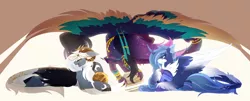 Size: 6290x2543 | Tagged: safe, artist:inspiredpixels, derpibooru import, oc, oc:lunari, oc:pandora, oc:shinabu, unofficial characters only, alicorn, pegasus, pony, female, image, jpeg, lying down, mare, neptune, planet, pony bigger than a planet, prone, saturn, tangible heavenly object, venus