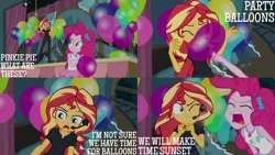 Size: 1280x720 | Tagged: safe, derpibooru import, edit, edited screencap, editor:quoterific, screencap, pinkie pie, sunset shimmer, all the world's off stage, equestria girls, equestria girls series, all the world's off stage: pinkie pie, balloon, clothes, cutie mark, cutie mark on clothes, eyes closed, female, geode of sugar bombs, image, jewelry, jpeg, magical geodes, necklace, one eye closed, open mouth, screaming, tanktop