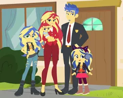 Size: 3794x3032 | Tagged: safe, artist:chuyryu, derpibooru import, flash sentry, sunset shimmer, oc, oc:aura dawn, oc:evening glow(chuyryu), equestria girls, belly button, father and child, father and daughter, female, flashimmer, future, image, jpeg, male, mama sunset, mother and child, mother and daughter, offspring, older, older flash sentry, older sunset, parent:flash sentry, parent:sunset shimmer, parents:flashimmer, principal sunset, shipping, siblings, sisters, straight