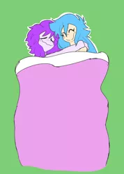 Size: 2870x4036 | Tagged: suggestive, artist:doodlegamertj, derpibooru import, oc, oc:mable syrup, oc:musicallie, unofficial characters only, human, equestria girls, bed, blue hair, blushing, cuddling, gay, green background, happy, humanized, image, male, png, purple hair, simple background