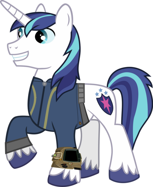 Size: 1024x1254 | Tagged: safe, artist:ponygamer2020, artist:sakatagintoki117, derpibooru import, shining armor, pony, unicorn, fallout equestria, clothes, fallout, image, jumpsuit, male, pipboy, png, simple background, smiling, solo, stallion, transparent background, vault suit, vector