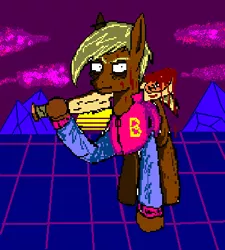 Size: 340x378 | Tagged: semi-grimdark, artist:damset, derpibooru import, oc, ponified, unofficial characters only, earth pony, pony, 1000 hours in ms paint, baseball bat, blood, clothes, hotline miami, image, jacket, jpeg, looking at you, male, ms paint, retrowave, solo, stallion