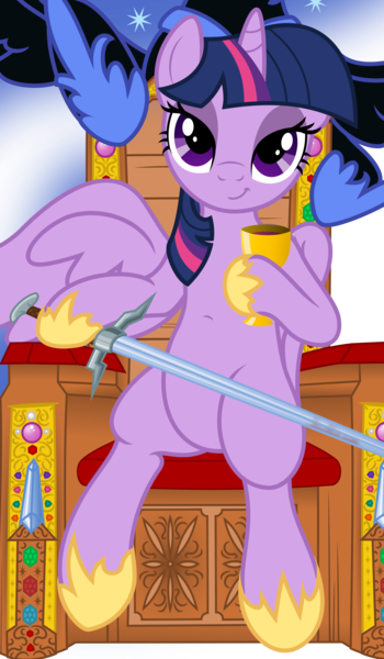Size: 1946x3336 | Tagged: safe, artist:deyrasd, artist:salemcat, derpibooru import, edit, vector edit, nightmare moon, twilight sparkle, twilight sparkle (alicorn), alicorn, pony, cropped, cup, female, goblet, hoof shoes, image, lidded eyes, mare, offscreen character, png, simple background, sitting, smiling, solo focus, sword, throne, transparent background, vector, weapon