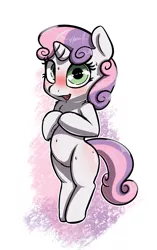 Size: 1358x2156 | Tagged: safe, artist:nottrevbe, derpibooru import, sweetie belle, pony, unicorn, awkward smile, bipedal, blushing, cute, female, filly, flustered, image, open mouth, png, smiling, solo, solo female, standing on two hooves, sweat