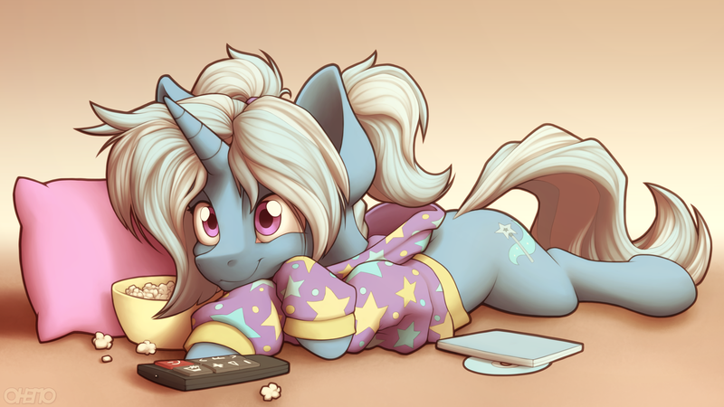 Size: 2880x1620 | Tagged: safe, artist:ohemo, derpibooru import, trixie, pony, unicorn, alternate hairstyle, babysitter trixie, chill, clothes, cute, diatrixes, food, hoodie, image, pillow, png, popcorn, remote