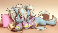 Size: 2880x1620 | Tagged: safe, artist:ohemo, derpibooru import, trixie, pony, unicorn, alternate hairstyle, babysitter trixie, chill, clothes, cute, diatrixes, food, hoodie, image, pillow, png, popcorn, remote