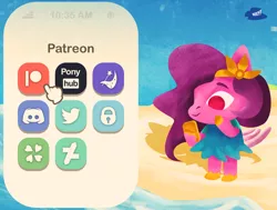 Size: 1690x1279 | Tagged: safe, artist:poxy_boxy, derpibooru import, pipp petals, anthro, 4chan, beach, g5, image, onlyfans logo, patreon, patreon logo, png, pornhub logo, that pony sure does love phones