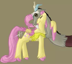 Size: 1080x957 | Tagged: safe, artist:random_glitter_productions, derpibooru import, discord, fluttershy, draconequus, pegasus, pony, brown background, discoshy, eyes closed, female, hug, image, jpeg, male, mare, shipping, signature, simple background, straight, two toned wings, unshorn fetlocks, wings