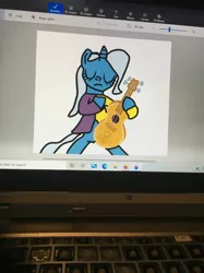 Size: 1280x1707 | Tagged: safe, artist:sugarbugjewelpet, derpibooru import, trixie, pony, unicorn, bipedal, clothes, eyes closed, female, guitar, hoof hold, image, jpeg, mare, musical instrument, photo, picture of a screen, shirt, simple background, solo, white background