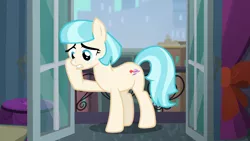 Size: 1280x720 | Tagged: safe, deleted from derpibooru, derpibooru import, edit, edited screencap, editor:slayerbvc, screencap, coco pommel, earth pony, pony, made in manehattan, accessory-less edit, balcony, female, image, mare, missing accessory, png, raised hoof, solo