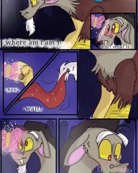 Size: 540x676 | Tagged: safe, artist:cocolove2176, derpibooru import, discord, butterfly, draconequus, insect, comic:fluttering chaos, blushing, comic, dialogue, image, implied fluttershy, jpeg, male