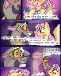 Size: 540x676 | Tagged: safe, artist:cocolove2176, derpibooru import, discord, fluttershy, draconequus, pegasus, pony, comic:fluttering chaos, blushing, clothes, colored hooves, comic, discoshy, dress, female, gala dress, image, jpeg, looking at each other, male, mare, raised hoof, shipping, smiling, straight