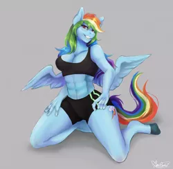 Size: 1280x1251 | Tagged: safe, artist:fumonsrikit, derpibooru import, rainbow dash, anthro, pegasus, unguligrade anthro, abs, big breasts, breasts, busty rainbow dash, clothes, cutie mark, digital art, female, image, jpeg, kneeling, pose, shorts, simple background, solo, solo female, sports bra, sports shorts, spread wings, tail, thighs, wide hips, wings