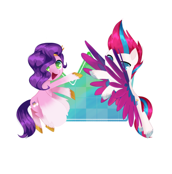 Size: 1280x1296 | Tagged: safe, artist:andromedasparkz, derpibooru import, pipp petals, zipp storm, pegasus, pony, spoiler:g5, cloven hooves, female, flying, g5, image, mare, png, royalty, siblings, sisters