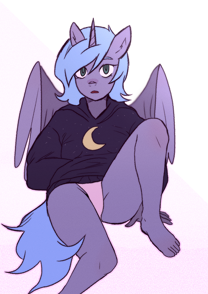 Size: 1446x2039 | Tagged: suggestive, artist:meliciamelano, derpibooru import, princess luna, alicorn, anthro, pony, clothes, feet, female, filly, hand in pocket, hoodie, image, legs, looking at you, panties, png, short hair, simple background, sitting, solo, solo female, sweater, underwear, woona, younger