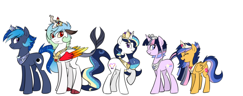 Size: 2424x968 | Tagged: safe, artist:le-poofe, derpibooru import, oc, oc:delilah, oc:ella, oc:moonlight tsukyuomi, oc:sparkling radiance, oc:starry dream, unofficial characters only, alicorn, earth pony, hybrid, pegasus, pony, unicorn, crown, ethereal mane, female, image, interspecies offspring, jewelry, male, mare, next generation, offspring, parent:discord, parent:flash sentry, parent:princess cadance, parent:princess celestia, parent:princess luna, parent:shining armor, parent:twilight sparkle, parents:dislestia, parents:flashlight, parents:shiningcadance, peytral, png, regalia, royalty, stallion, starry mane