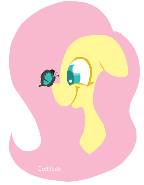 Size: 559x715 | Tagged: safe, artist:coggler, artist:frog&cog, artist:gopherfrog, derpibooru import, fluttershy, butterfly, insect, pegasus, pony, bust, butterfly on nose, cute, female, floppy ears, image, insect on nose, mare, png, shyabetes, solo