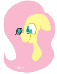 Size: 559x715 | Tagged: safe, artist:coggler, artist:frog&cog, artist:gopherfrog, derpibooru import, fluttershy, butterfly, insect, pegasus, pony, bust, butterfly on nose, cute, female, floppy ears, image, insect on nose, mare, png, shyabetes, solo