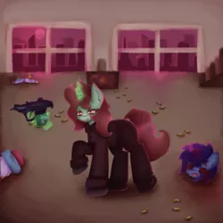 Size: 3000x3000 | Tagged: grimdark, alternate version, artist:menalia, derpibooru import, oc, oc:fearless act, unnamed oc, unofficial characters only, earth pony, pony, unicorn, angry, bullet, carpet, city, clothes, death, decapitated, door, empty eye socket, female, gloves, gun, horn, hotline miami, image, mafia, magic, mare, pants, png, shirt, shoes, stairs, sun, uzi, weapon, window