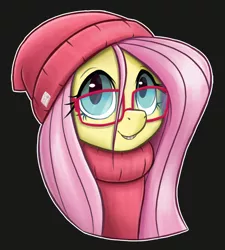 Size: 743x826 | Tagged: safe, artist:ikarooz, derpibooru import, fluttershy, pegasus, pony, beanie, black background, braces, bust, clothes, cute, female, glasses, hat, image, jpeg, mare, shyabetes, simple background, solo, sweater, sweatershy, teenager, turtleneck, younger