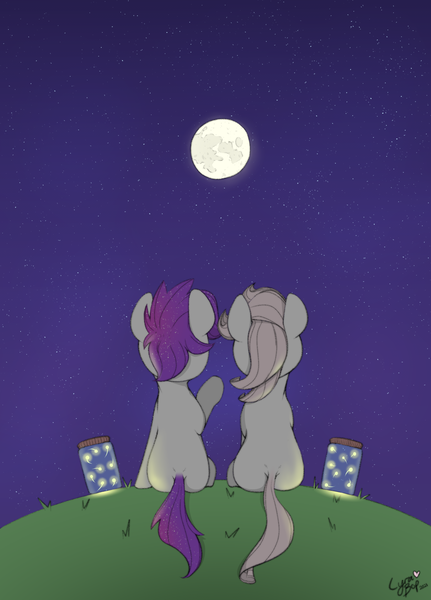 Size: 1400x1950 | Tagged: safe, artist:lyrabop, derpibooru import, oc, oc:lyrabop, oc:shepard, unofficial characters only, earth pony, firefly (insect), insect, pony, duo, grass, image, moon, night, night sky, png, ponies sitting next to each other, sky, stargazing, stars