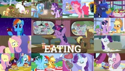 Size: 1280x721 | Tagged: safe, derpibooru import, edit, edited screencap, editor:quoterific, screencap, applejack, bulk biceps, fluttershy, pinkie pie, princess luna, rainbow dash, rarity, spike, starlight glimmer, sweetie belle, trixie, twilight sparkle, twilight sparkle (alicorn), twist, alicorn, dragon, earth pony, pegasus, pony, unicorn, 28 pranks later, a canterlot wedding, a health of information, a royal problem, castle sweet castle, hearth's warming eve (episode), inspiration manifestation, owl's well that ends well, road to friendship, spice up your life, the ending of the end, twilight time, :o, ^^, apple, applejack's hat, aweeg*, blueberry, burger, cake, camera, chocolate, cowboy hat, cupcake, cute, dashabetes, diapinkes, diasweetes, donut, eating, eyes closed, female, filly, food, grin, hat, hay burger, image, jackabetes, jpeg, looking at you, magic, male, mane six, mare, night, open mouth, pancakes, pineapple, puffy cheeks, raribetes, sandwich, shyabetes, smiling, snow, stallion, strawberry, telekinesis, twiabetes