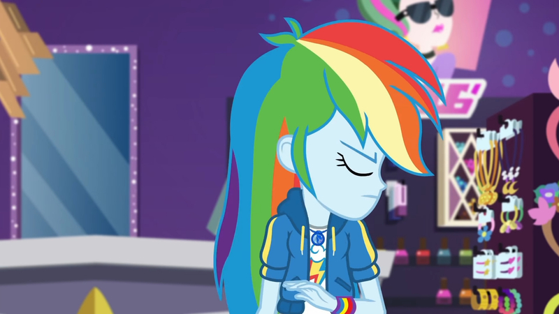 Size: 3410x1920 | Tagged: safe, derpibooru import, screencap, rainbow dash, equestria girls, equestria girls series, holidays unwrapped, spoiler:eqg series (season 2), clothes, cutie mark, cutie mark on clothes, dashing through the mall, eyes closed, female, geode of super speed, hoodie, image, jewelry, jpeg, magical geodes, necklace, solo